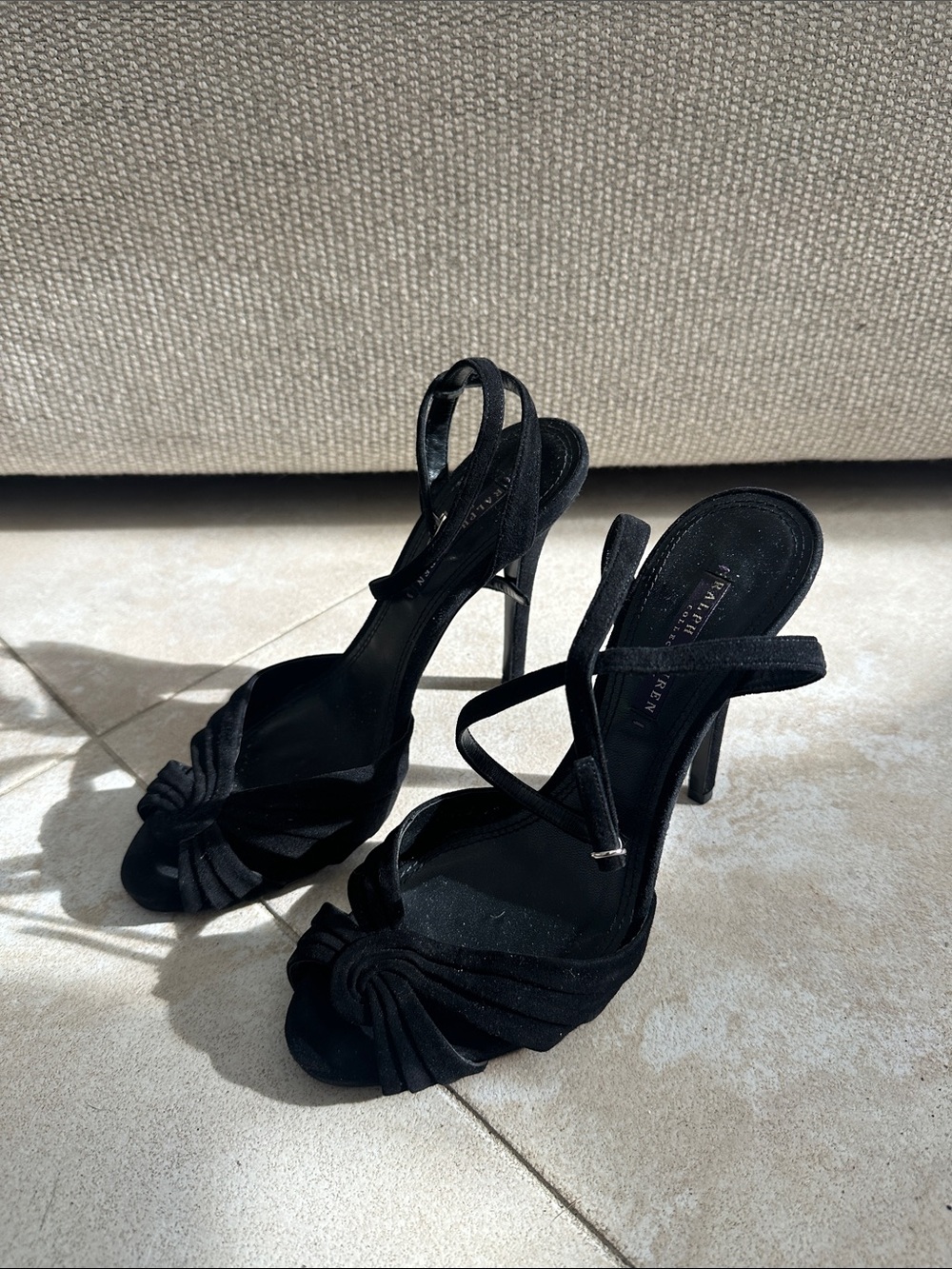 Ralph Lauren Purple Label Black Knotted Suede Strappy Heels